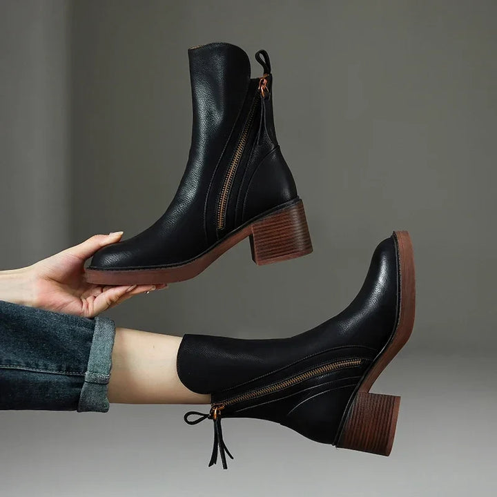 Block Heel Ankle Boots with Double Side Zips and Round Toe - Marl &amp; Mere