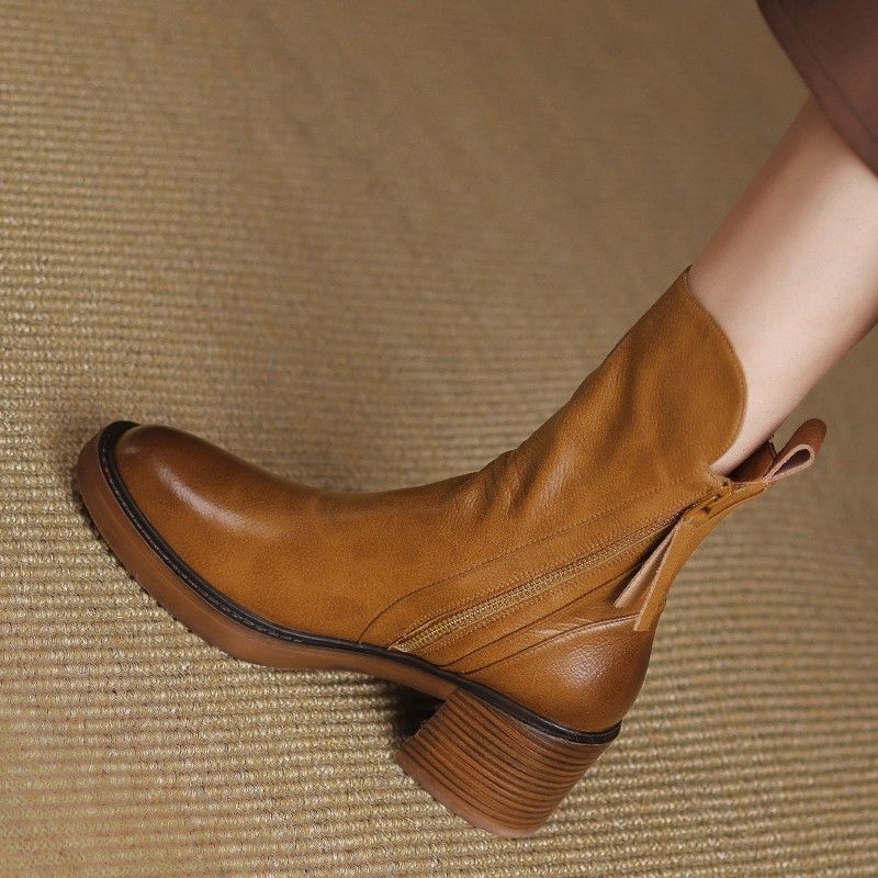 Block Heel Ankle Boots with Double Side Zips and Round Toe - Marl &amp; Mere