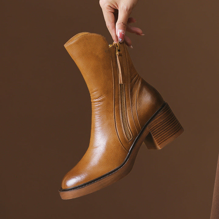 Block Heel Ankle Boots with Double Side Zips and Round Toe - Marl &amp; Mere