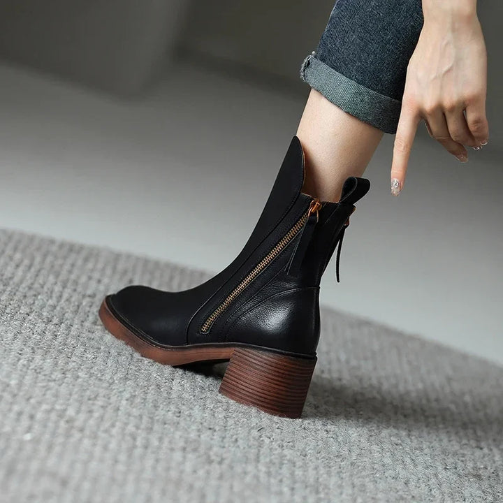 Block Heel Ankle Boots with Double Side Zips and Round Toe - Marl &amp; Mere