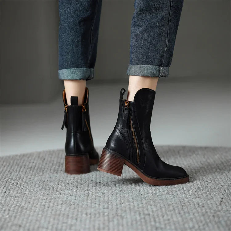 Block Heel Ankle Boots with Double Side Zips and Round Toe - Marl &amp; Mere