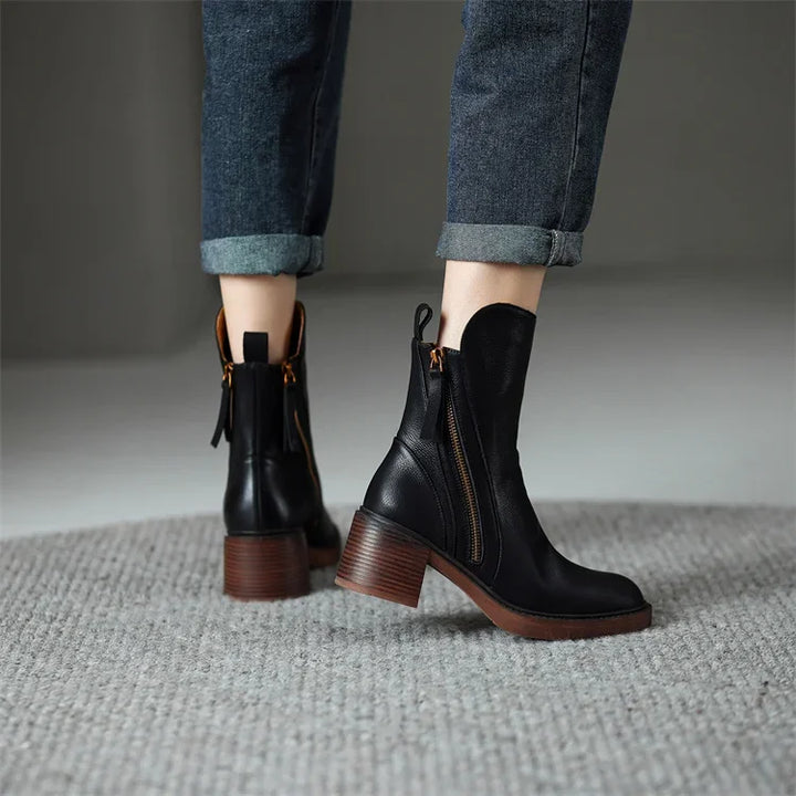Block Heel Ankle Boots with Double Side Zips and Round Toe - Marl &amp; Mere