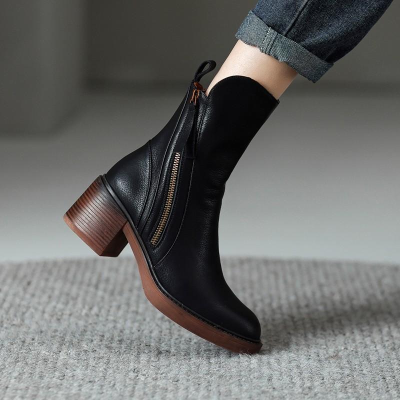 Block Heel Ankle Boots with Double Side Zips and Round Toe - Marl &amp; Mere