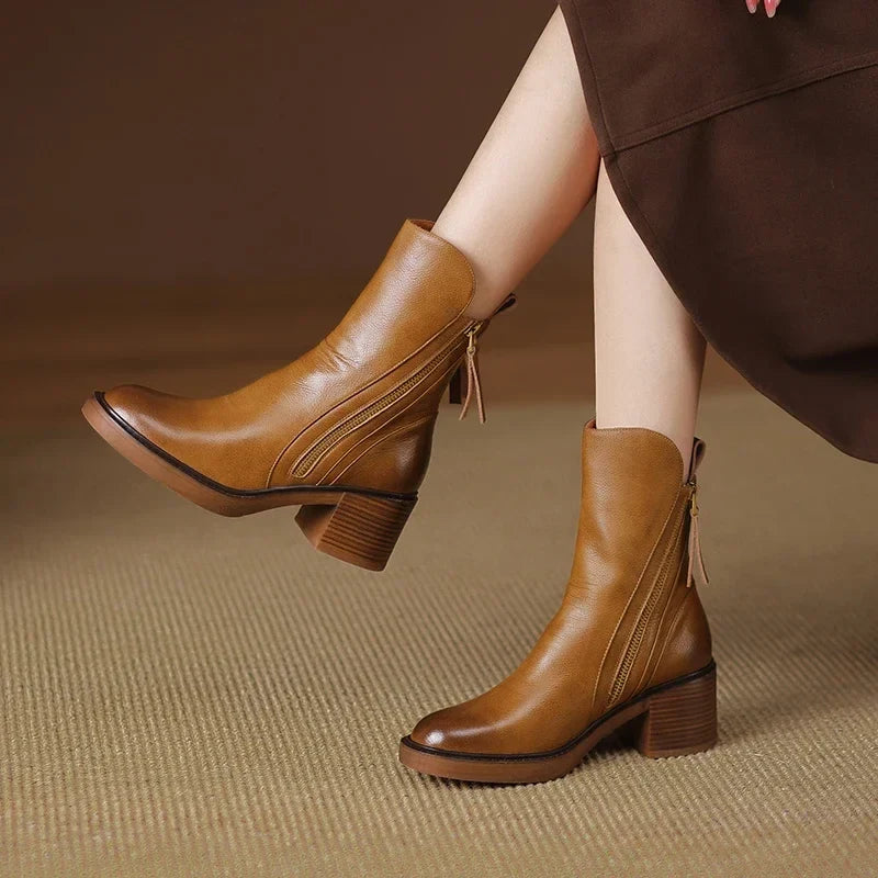 Block Heel Ankle Boots with Double Side Zips and Round Toe - Marl &amp; Mere