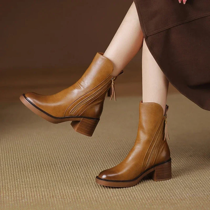 Block Heel Ankle Boots with Double Side Zips and Round Toe - Marl &amp; Mere