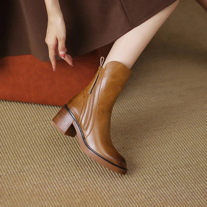 Block Heel Ankle Boots with Double Side Zips and Round Toe - Marl &amp; Mere