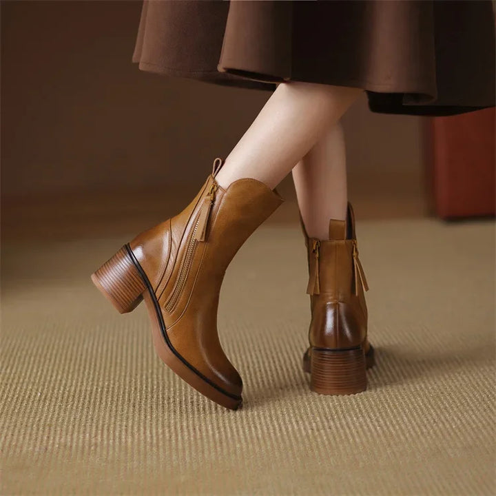 Block Heel Ankle Boots with Double Side Zips and Round Toe - Marl &amp; Mere