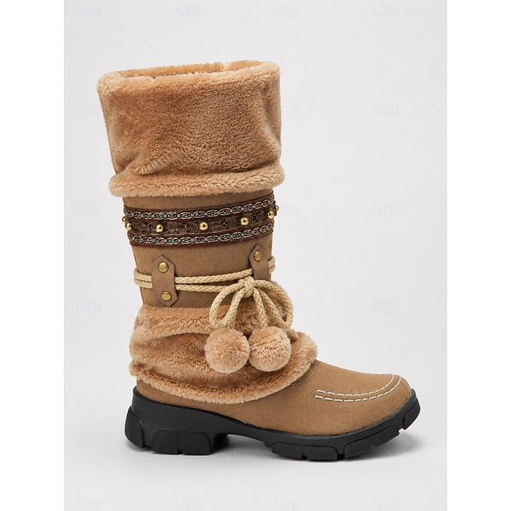Boho Mid-Calf Winter Boots with Plush Cuff and Pom-Pom Detail