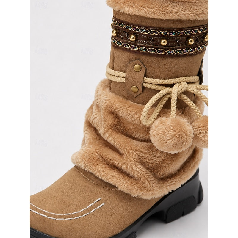 Boho Mid-Calf Winter Boots with Plush Cuff and Pom-Pom Detail