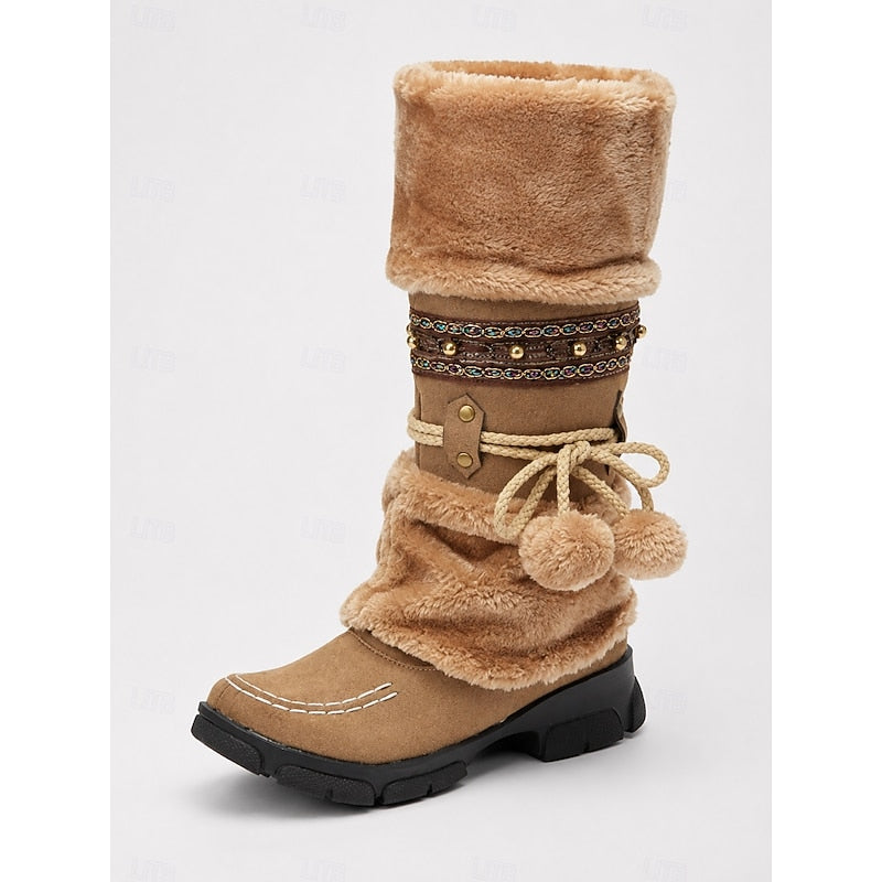 Boho Mid-Calf Winter Boots with Plush Cuff and Pom-Pom Detail - Marl &amp; Mere