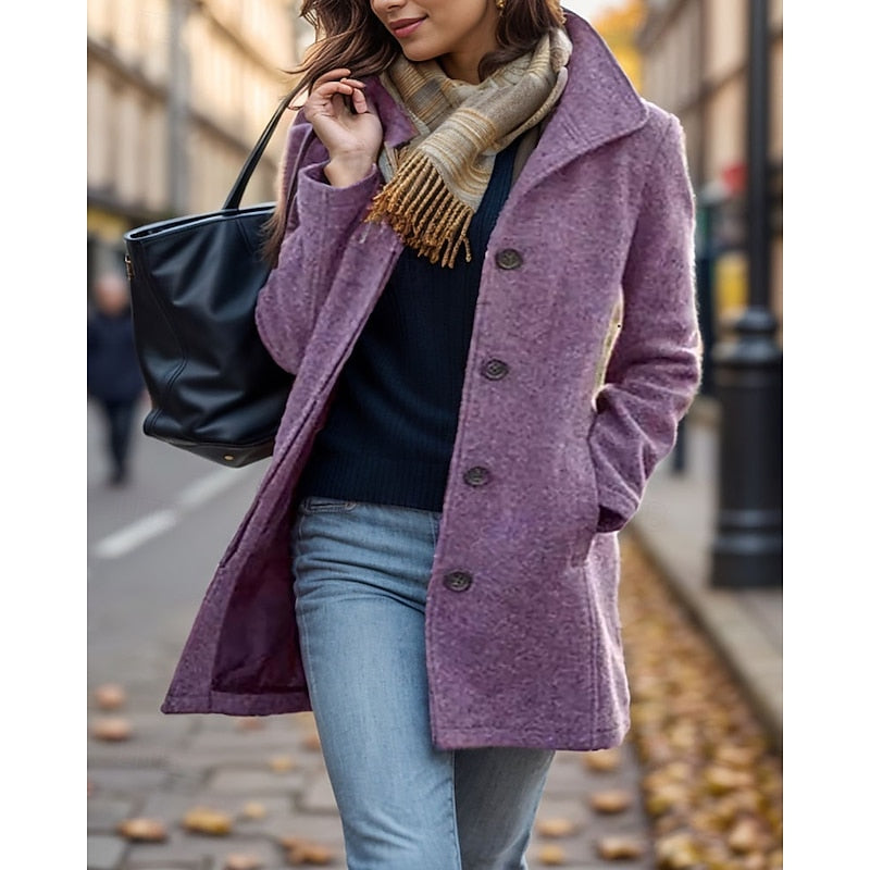 Button-Front Mid-Length Coat with Turndown Collar
