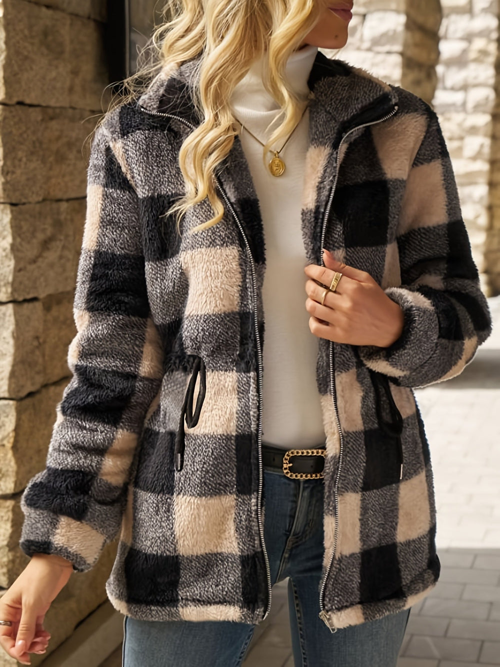 Checked Plush Hooded Jacket with Full Zip and Pockets
