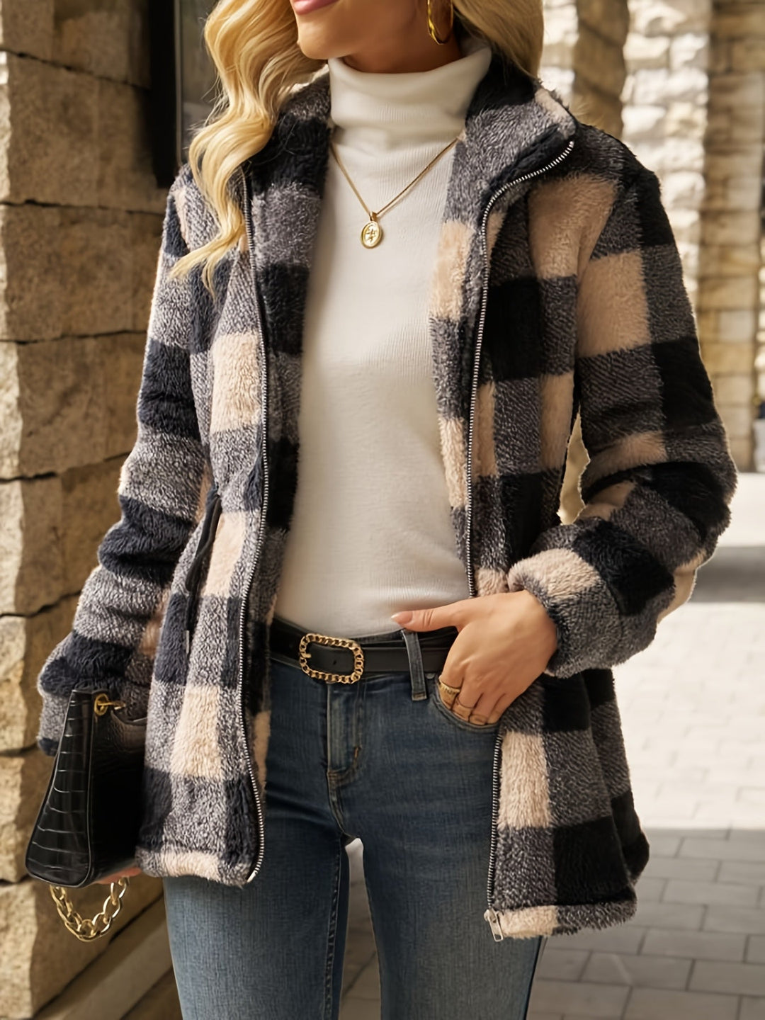 Checked Plush Hooded Jacket with Full Zip and Pockets
