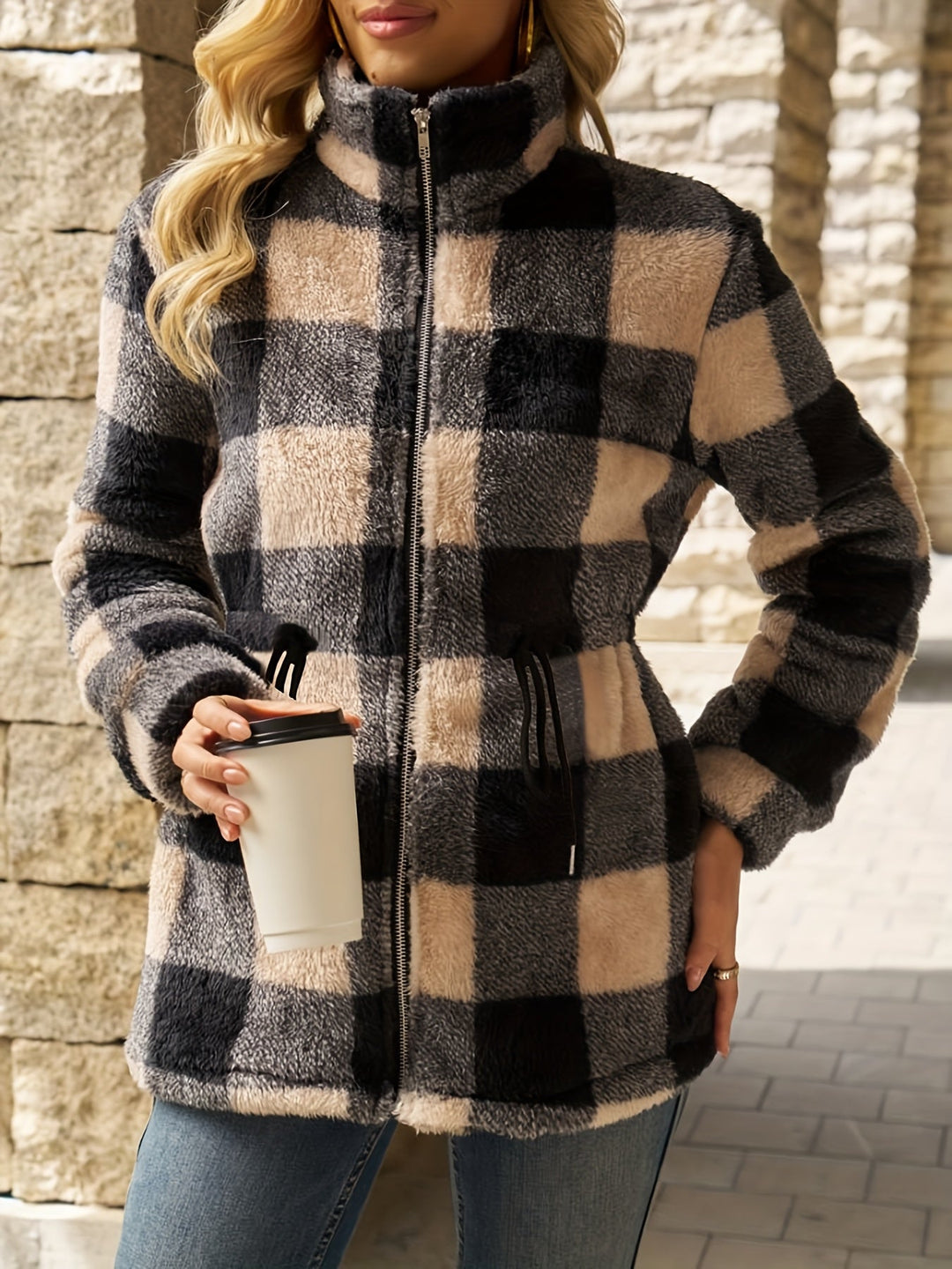 Checked Plush Hooded Jacket with Full Zip and Pockets