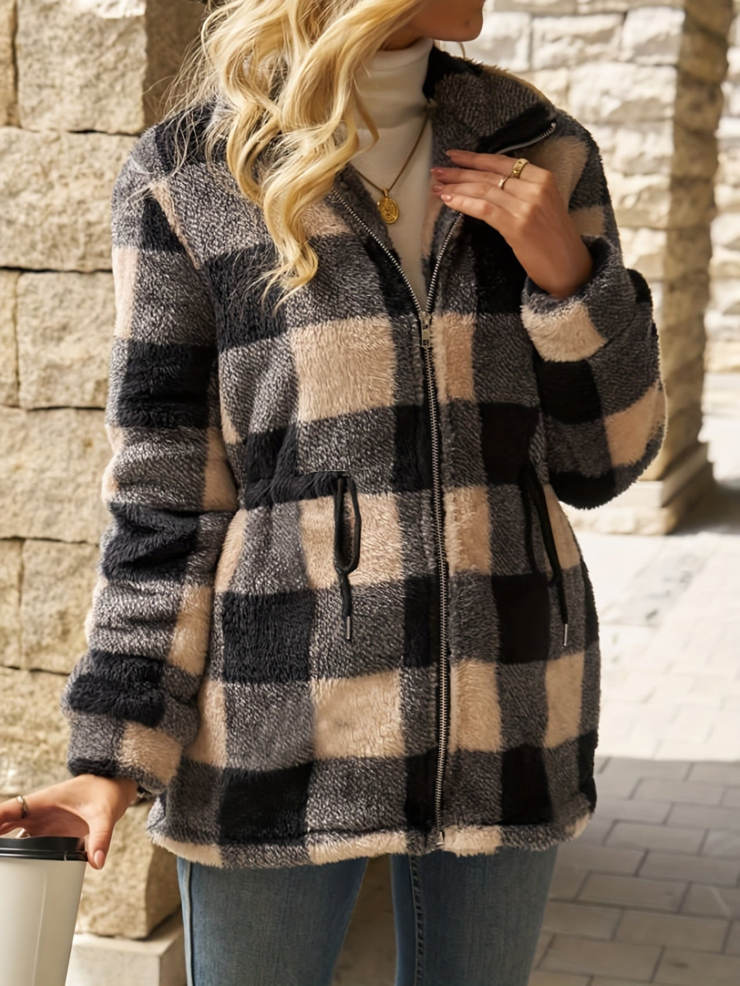 Checked Plush Hooded Jacket with Full Zip and Pockets