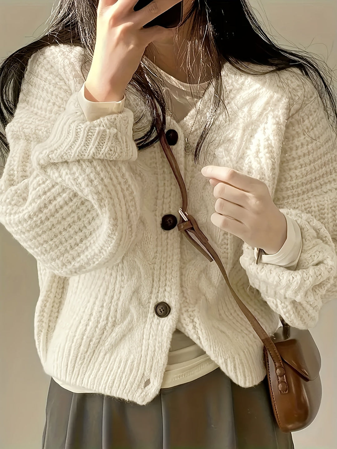 Chunky Cable Knit Cropped Cardigan with Button Front