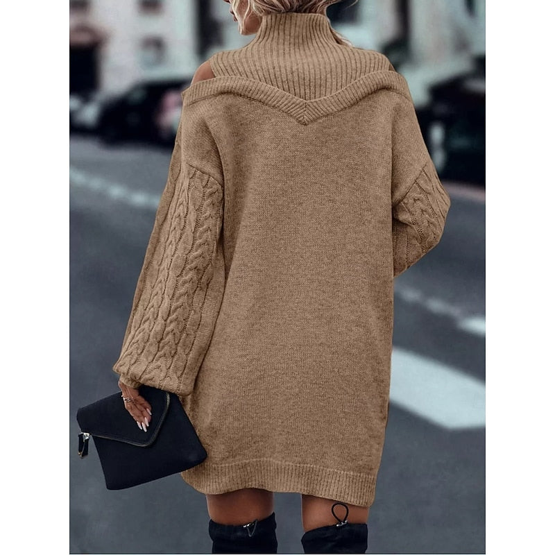Cold-Shoulder Turtleneck Knit Jumper Dress