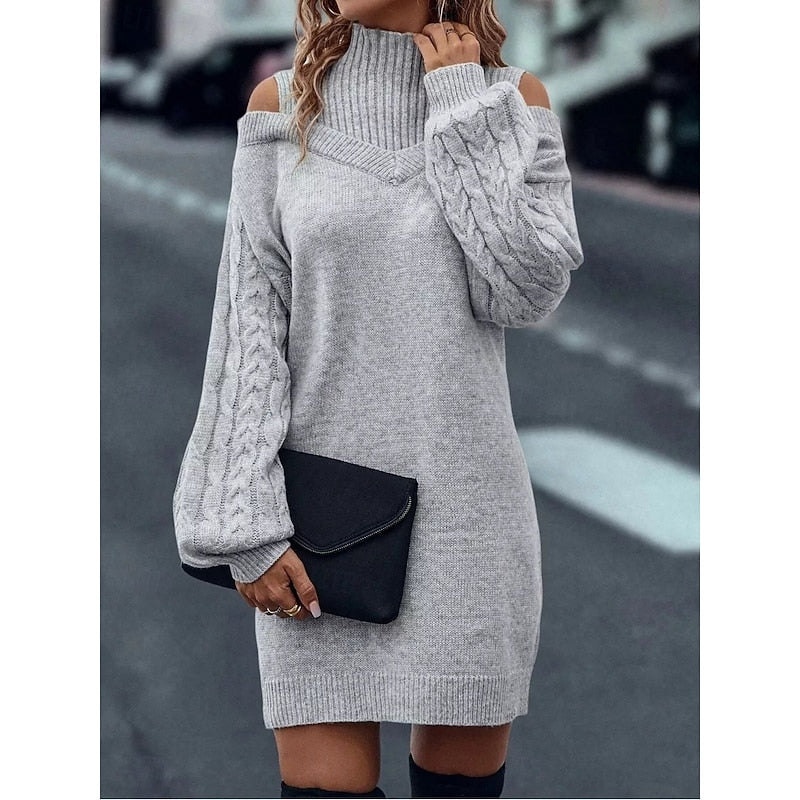 Cold-Shoulder Turtleneck Knit Jumper Dress
