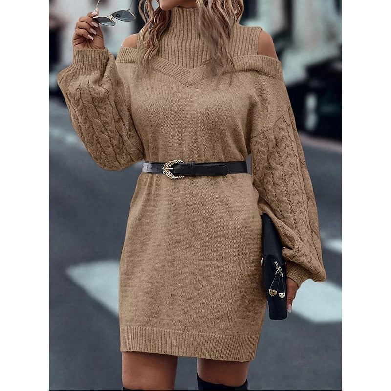 Cold-Shoulder Turtleneck Knit Jumper Dress - Marl &amp; Mere
