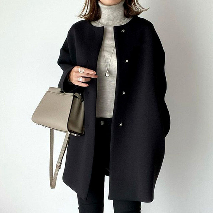 Collarless Button-Front Long Coat