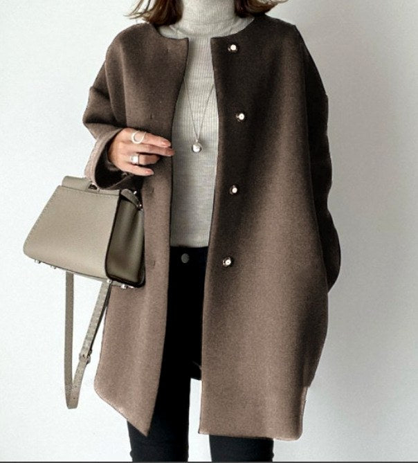 Collarless Button-Front Long Coat