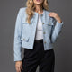 Collarless Cropped Tweed Blazer Jacket with Gold Button Front and Flap Pockets