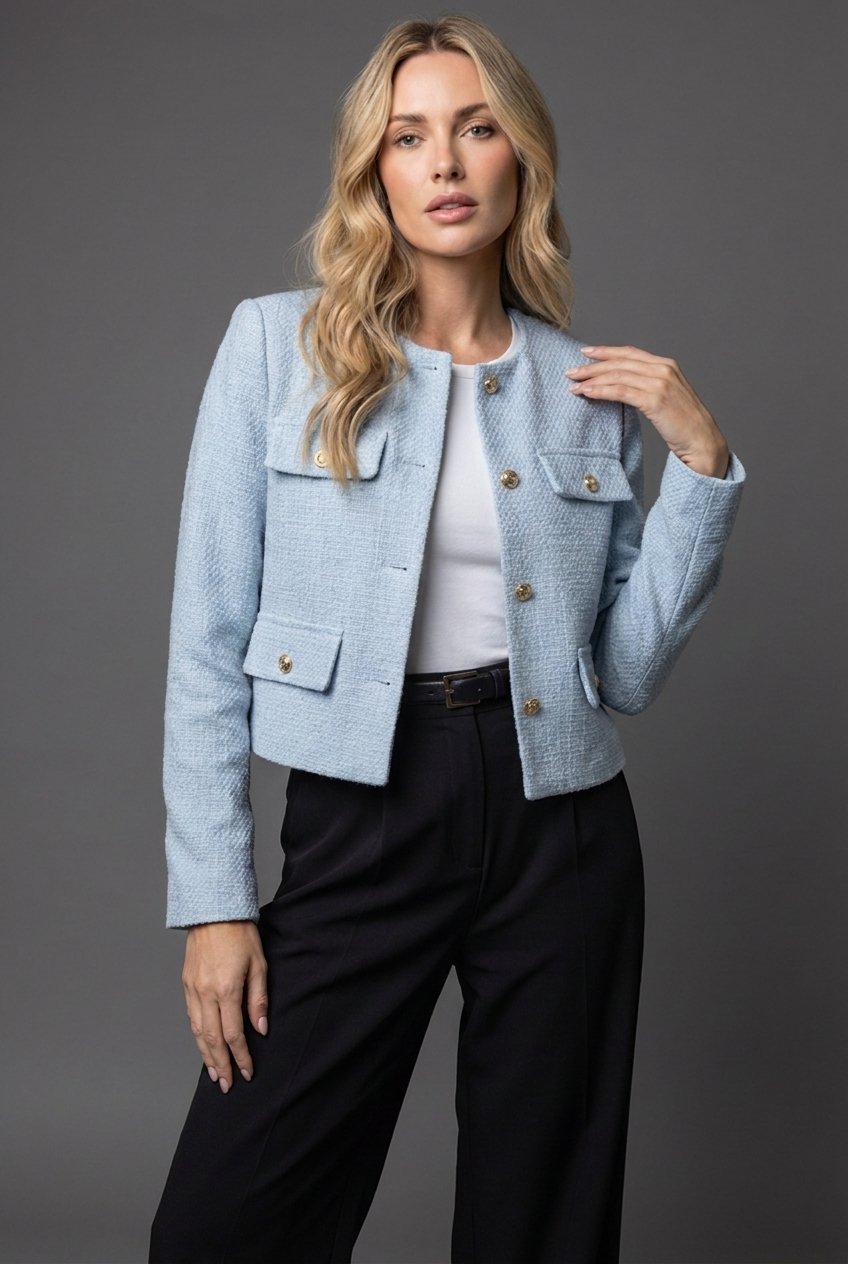 Collarless Cropped Tweed Blazer Jacket with Gold Button Front and Flap Pockets - Marl & Mere