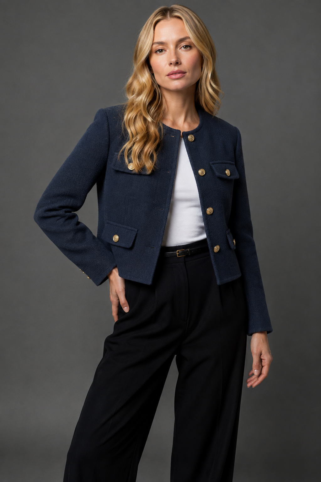 Collarless Cropped Tweed Blazer Jacket with Gold Button Front and Flap Pockets - Marl &amp; Mere