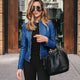 Collarless Leather Zip Jacket with Fitted Waist