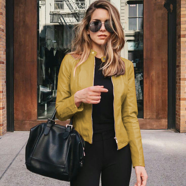 Collarless Faux Leather Zip Jacket with Fitted Waist