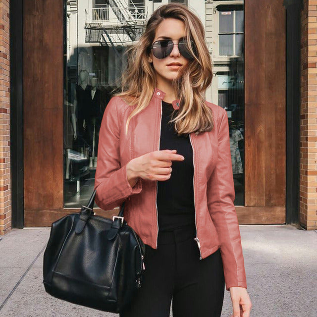 Collarless Faux Leather Zip Jacket with Fitted Waist