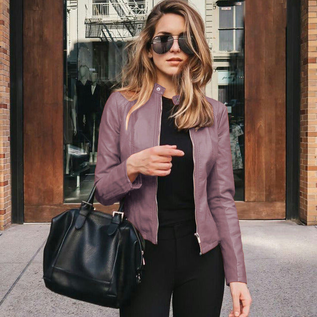 Collarless Faux Leather Zip Jacket with Fitted Waist
