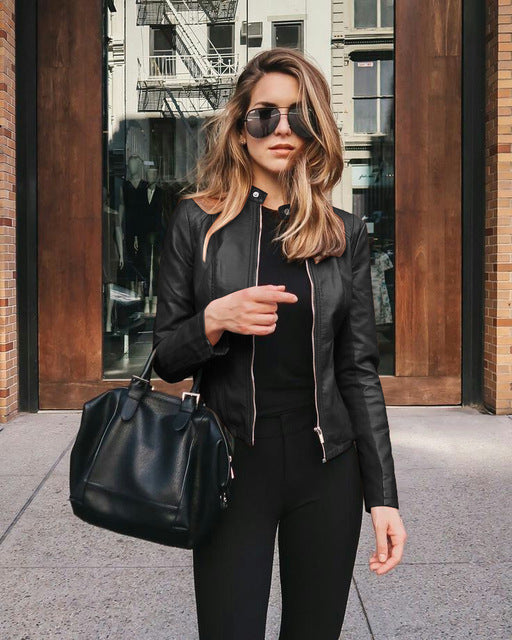 Collarless Leather Zip Jacket with Fitted Waist - Marl &amp; Mere