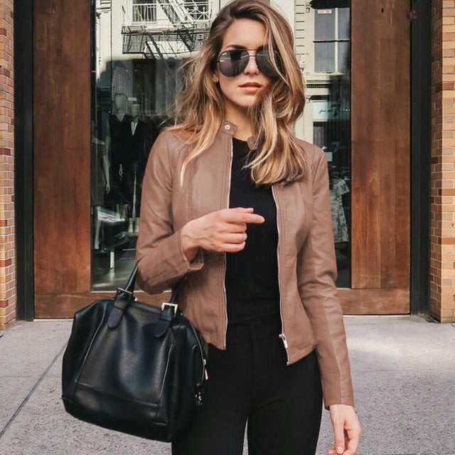Collarless Leather Zip Jacket with Fitted Waist - Marl &amp; Mere