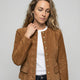 Collarless Suede-Look Jacket with Gold Button Front and Button Cuffs