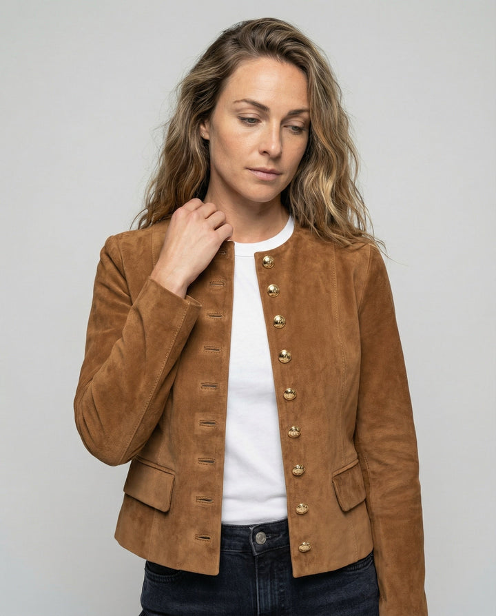 Collarless Suede-Look Jacket with Gold Button Front and Button Cuffs - Marl &amp; Mere
