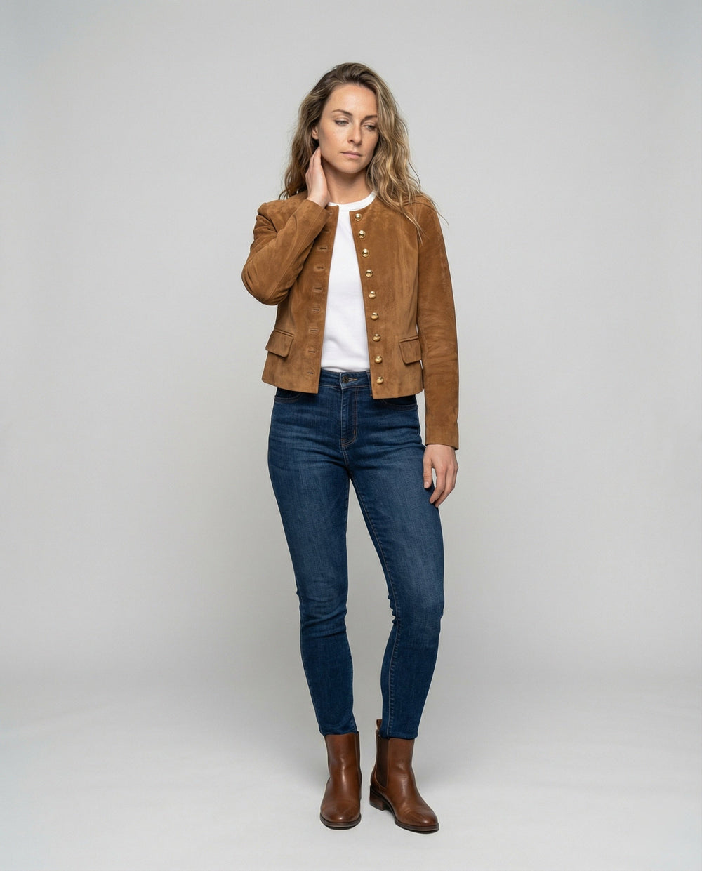 Collarless Suede-Look Jacket with Gold Button Front and Button Cuffs - Marl & Mere