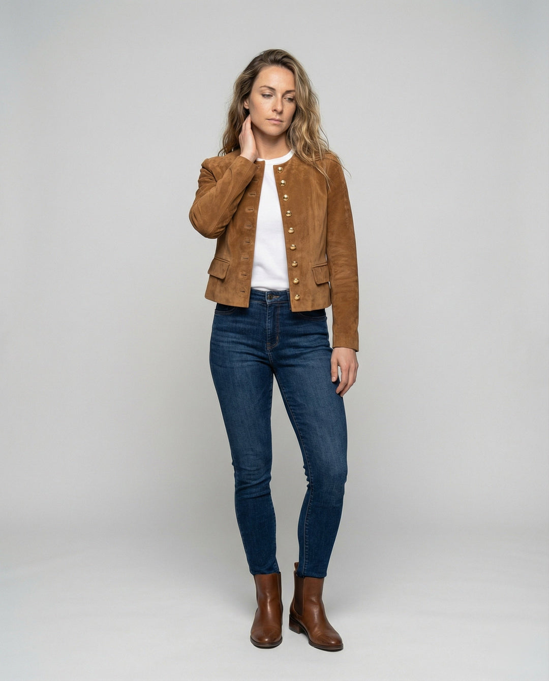 Collarless Suede-Look Jacket with Gold Button Front and Button Cuffs - Marl &amp; Mere