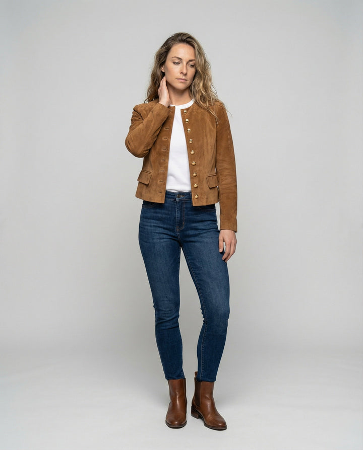 Collarless Suede-Look Jacket with Gold Button Front and Button Cuffs - Marl &amp; Mere