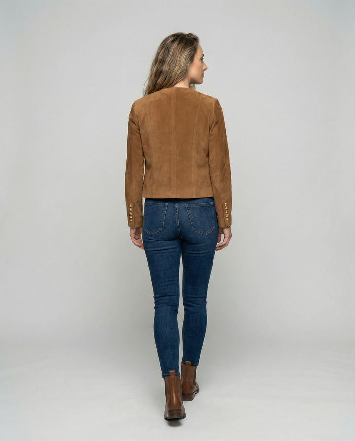 Collarless Suede-Look Jacket with Gold Button Front and Button Cuffs - Marl &amp; Mere