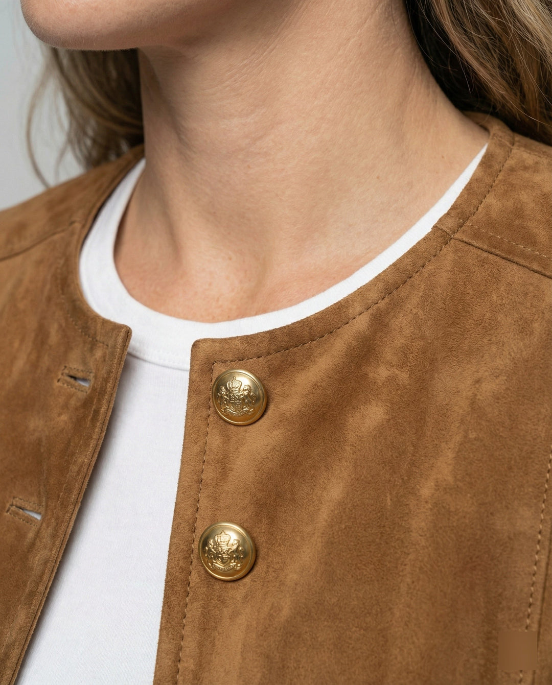 Collarless Suede-Look Jacket with Gold Button Front and Button Cuffs - Marl &amp; Mere