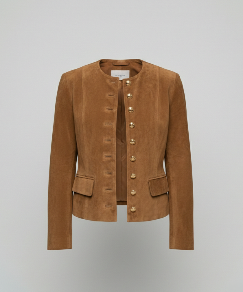 Collarless Suede-Look Jacket with Gold Button Front and Button Cuffs - Marl &amp; Mere
