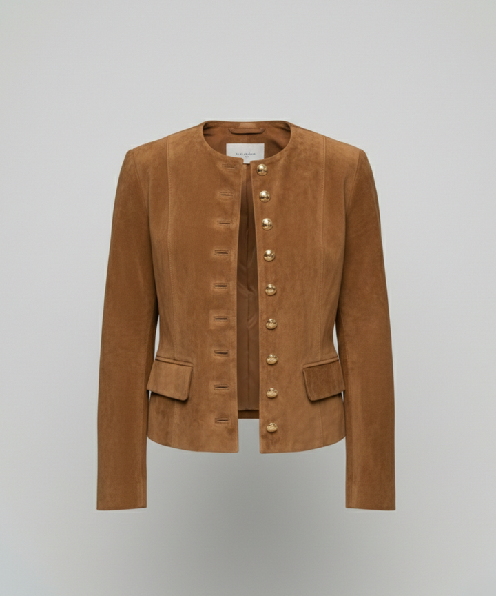 Collarless Suede-Look Jacket with Gold Button Front and Button Cuffs - Marl &amp; Mere