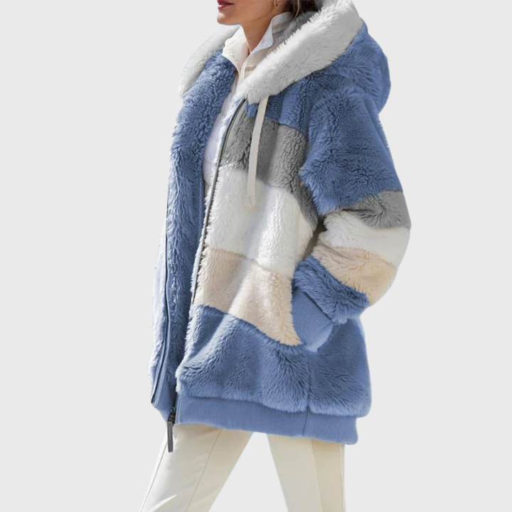 Colour-Block Teddy Fleece Hooded Jacket with Zip Front