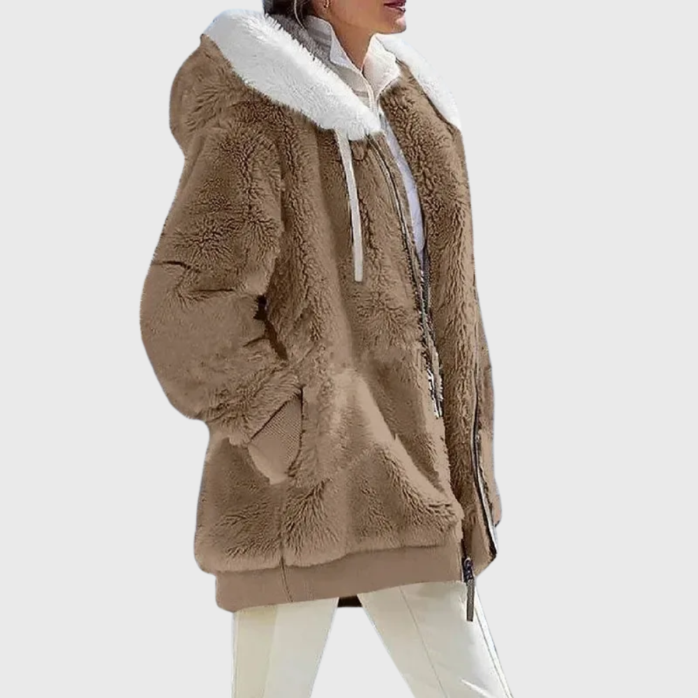 Colour-Block Teddy Fleece Hooded Jacket with Zip Front