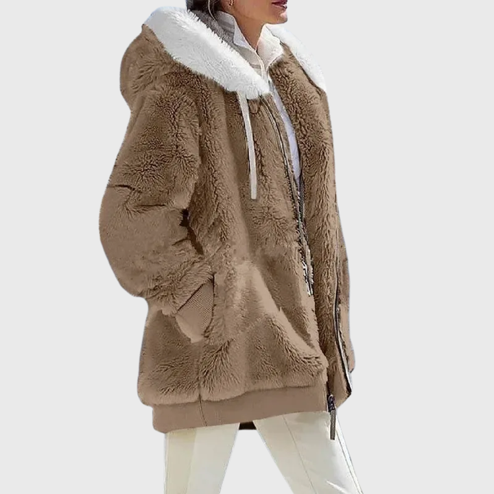 Colour-Block Teddy Fleece Hooded Jacket with Zip Front