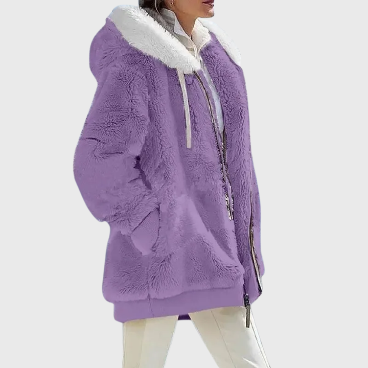 Colour-Block Teddy Fleece Hooded Jacket with Zip Front