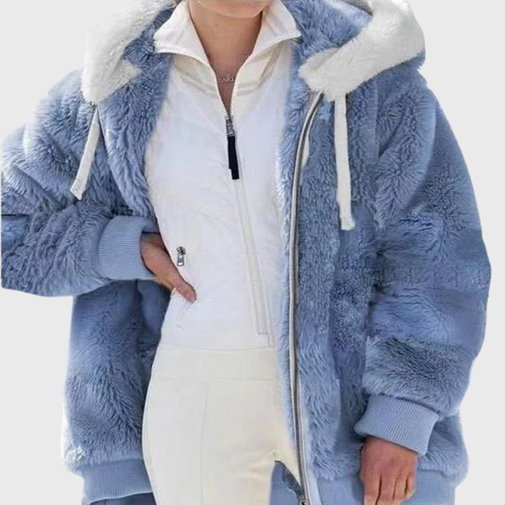 Colour-Block Teddy Fleece Hooded Jacket with Zip Front