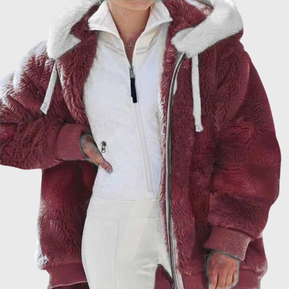 Colour-Block Teddy Fleece Hooded Jacket with Zip Front