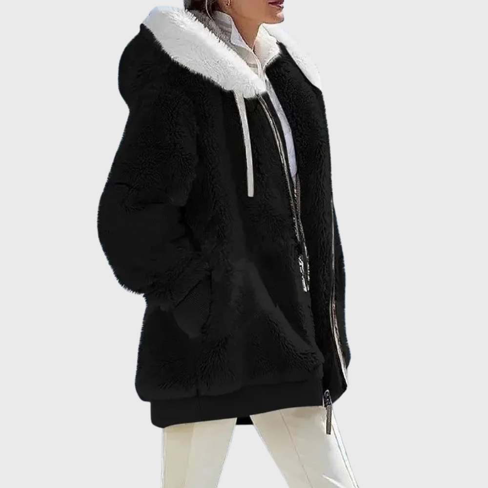 Colour-Block Teddy Fleece Hooded Jacket with Zip Front